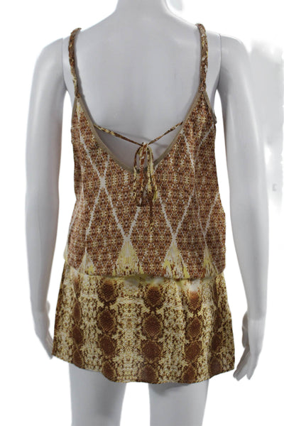 SW3 Bespoke Women Silk Geometric Sleeveless Playsuit Brown Size S