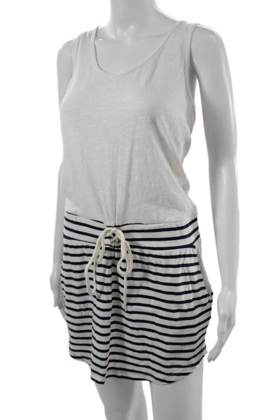 Monrow Women White Sleeveless Romper Striped Round Neck Short Size S