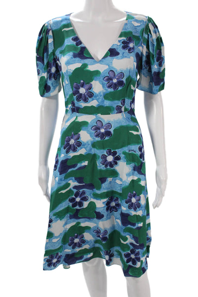 Marni Women A-Line Floral V-Neck Short Sleeve Blue Dress Zip Size 38