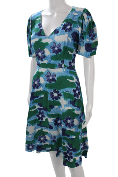 Marni Women A-Line Floral V-Neck Short Sleeve Blue Dress Zip Size 38