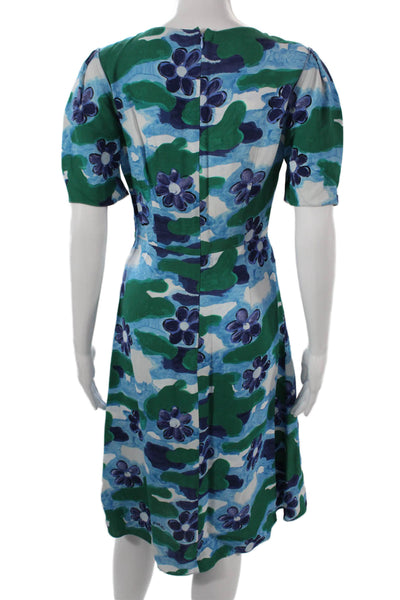 Marni Women A-Line Floral V-Neck Short Sleeve Blue Dress Zip Size 38