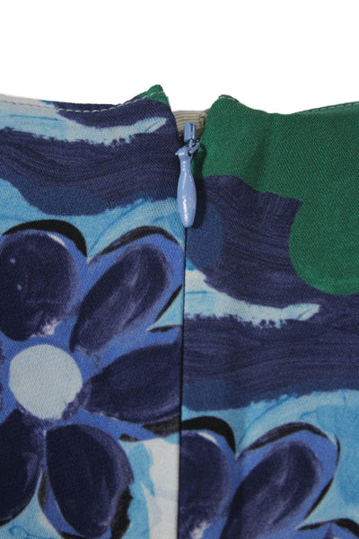 Marni Women A-Line Floral V-Neck Short Sleeve Blue Dress Zip Size 38
