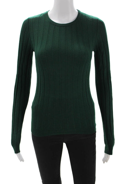 Saks Fifth Avenue Women Pullover Sweater Striped Green Wool Crew Neck Size XS