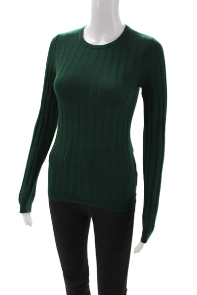 Saks Fifth Avenue Women Pullover Sweater Striped Green Wool Crew Neck Size XS
