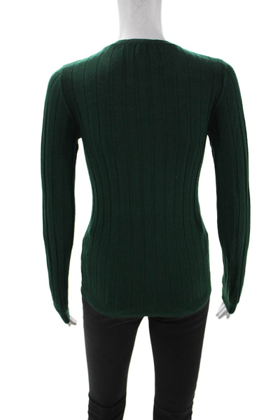 Saks Fifth Avenue Women Pullover Sweater Striped Green Wool Crew Neck Size XS