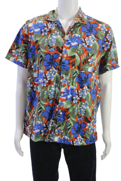 J Crew Mens Blue Floral Cotton Spread Short Sleeve Button-Up Shirt Size M