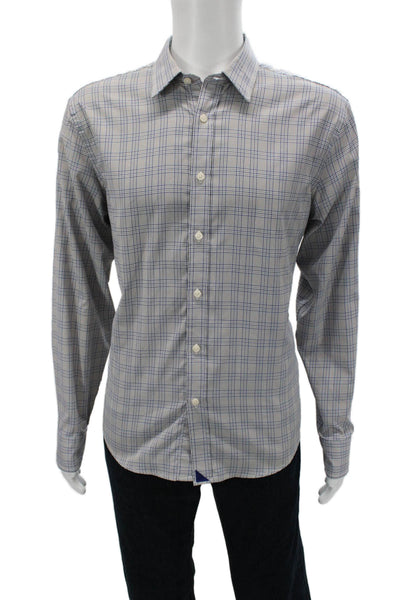 Untuckit Mens Button Front Collared Plaid Shirt White Navy Brown Size Large