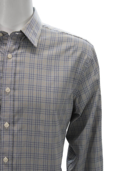 Untuckit Mens Button Front Collared Plaid Shirt White Navy Brown Size Large