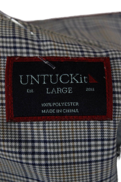 Untuckit Mens Button Front Collared Plaid Shirt White Navy Brown Size Large
