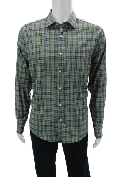Untuckit Mens Button Front Collared Plaid Shirt Green Navy Cotton Size Large