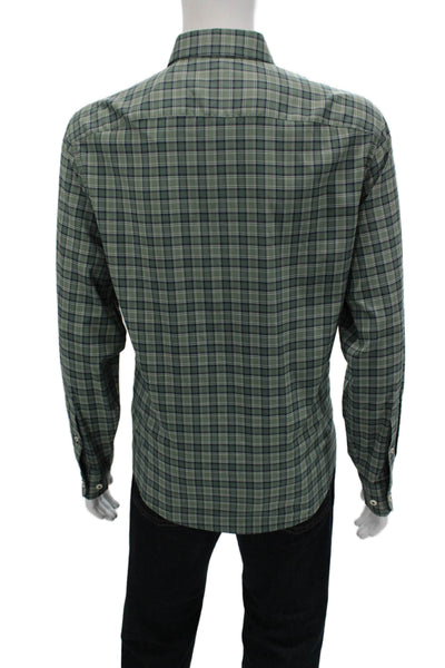 Untuckit Mens Button Front Collared Plaid Shirt Green Navy Cotton Size Large