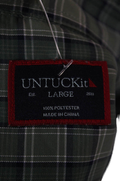 Untuckit Mens Button Front Collared Plaid Shirt Green Navy Cotton Size Large