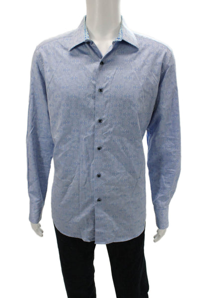 Robert Graham Mens Button Front Collared Abstract Shirt Blue Cotton Size Large