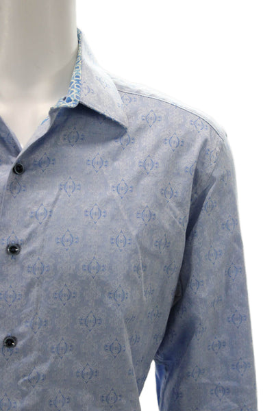 Robert Graham Mens Button Front Collared Abstract Shirt Blue Cotton Size Large
