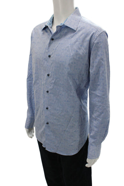 Robert Graham Mens Button Front Collared Abstract Shirt Blue Cotton Size Large