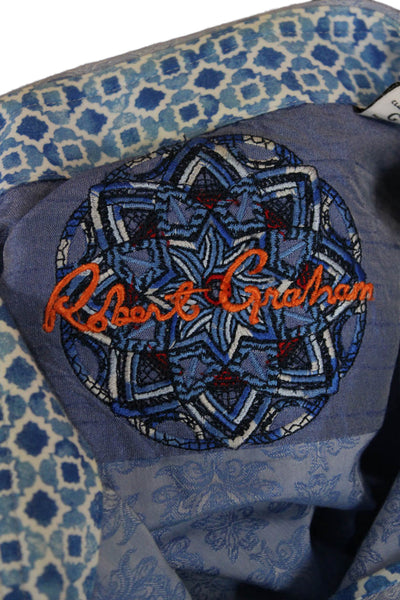 Robert Graham Mens Button Front Collared Abstract Shirt Blue Cotton Size Large
