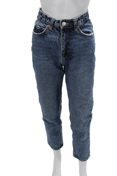 Zara Womens Mom Cropped Jeans Blue High Rise Cotton Blend Size 2