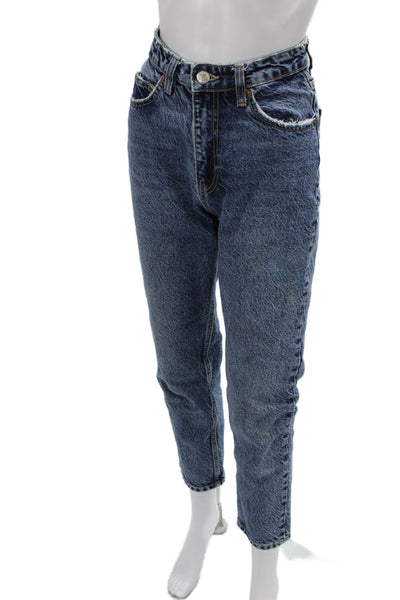 Zara Womens Mom Cropped Jeans Blue High Rise Cotton Blend Size 2