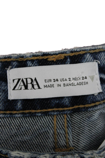 Zara Womens Mom Cropped Jeans Blue High Rise Cotton Blend Size 2