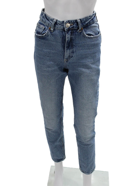 Zara Women Mom Cropped Blue High Rise Cotton Blend Jeans Size 4