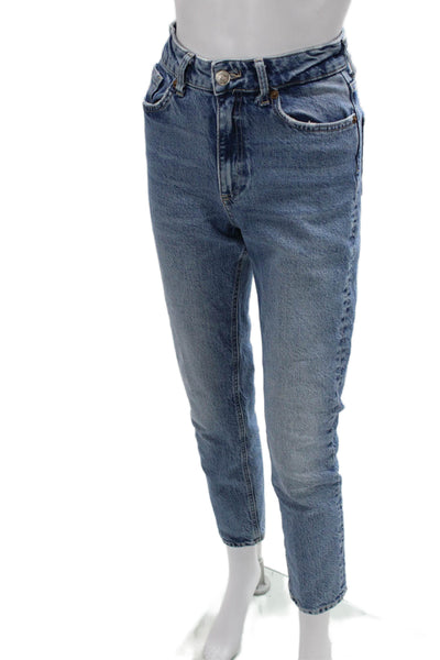 Zara Women Mom Cropped Blue High Rise Cotton Blend Jeans Size 4
