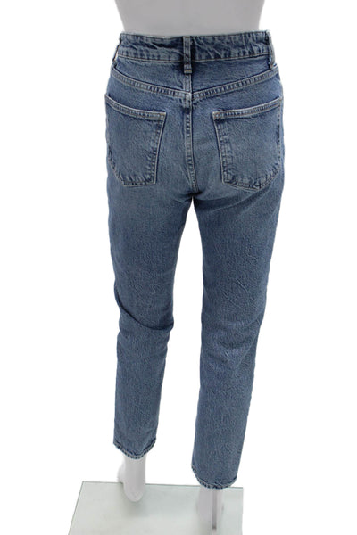 Zara Women Mom Cropped Blue High Rise Cotton Blend Jeans Size 4
