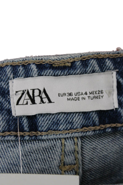 Zara Women Mom Cropped Blue High Rise Cotton Blend Jeans Size 4