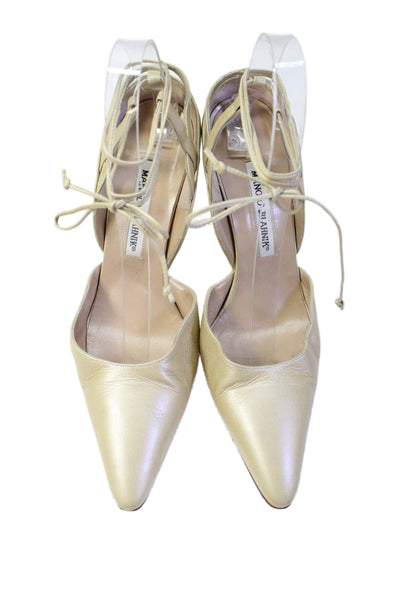 Manolo Blahnik Womens Leather Ankle Strap D'Orsay Heels Shoes Beige Size 8