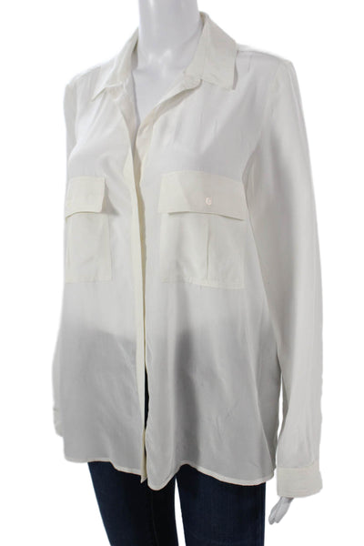 MNG Women Basic Collared Button Up Long Sleeve White Blouse Size L