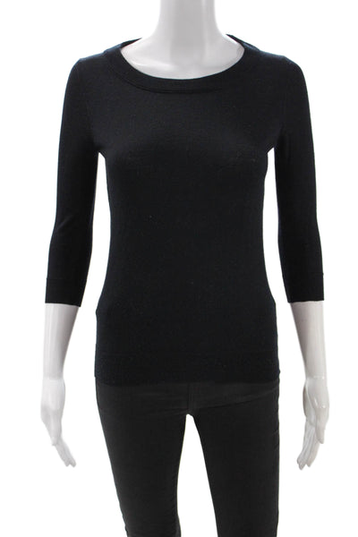 J Crew Women Basic Merino Wool Round Neck 3/4 Sleeve Black Sweater Size 2XS