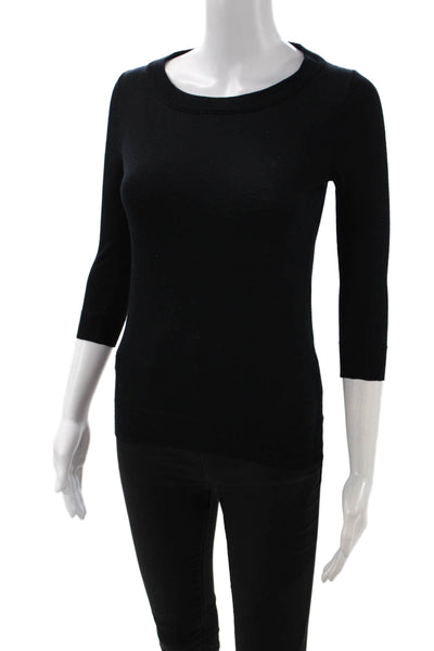 J Crew Women Basic Merino Wool Round Neck 3/4 Sleeve Black Sweater Size 2XS