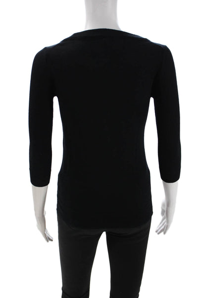 J Crew Women Basic Merino Wool Round Neck 3/4 Sleeve Black Sweater Size 2XS