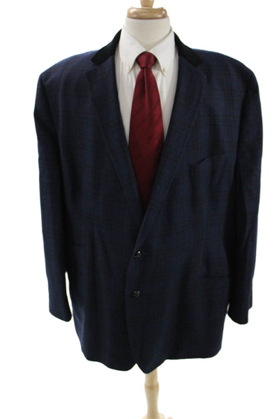 Tallia Mens Classic Plaid Wool Blazer Dark Blue Button Long Sleeve Size 56