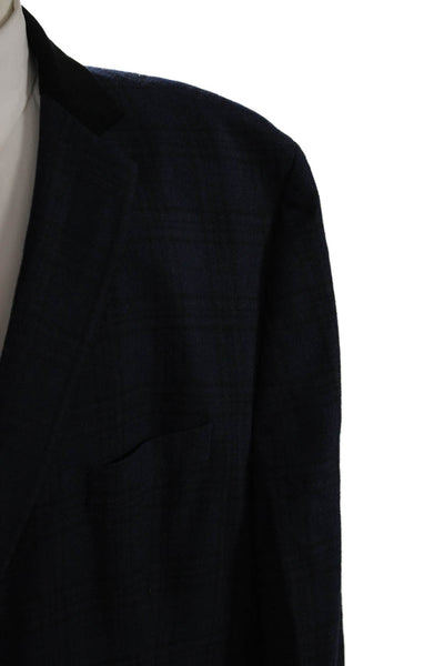 Tallia Mens Classic Plaid Wool Blazer Dark Blue Button Long Sleeve Size 56