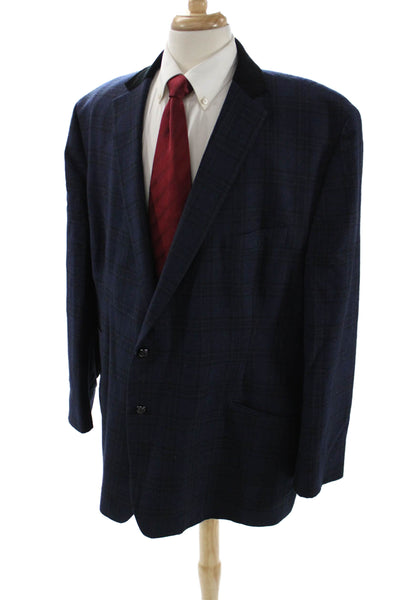 Tallia Mens Classic Plaid Wool Blazer Dark Blue Button Long Sleeve Size 56