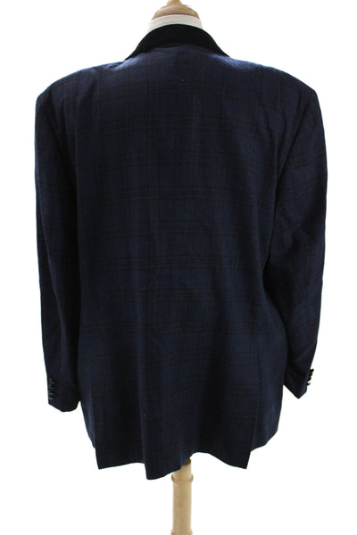 Tallia Mens Classic Plaid Wool Blazer Dark Blue Button Long Sleeve Size 56