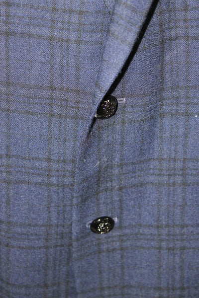 Tallia Mens Classic Plaid Wool Blazer Dark Blue Button Long Sleeve Size 56