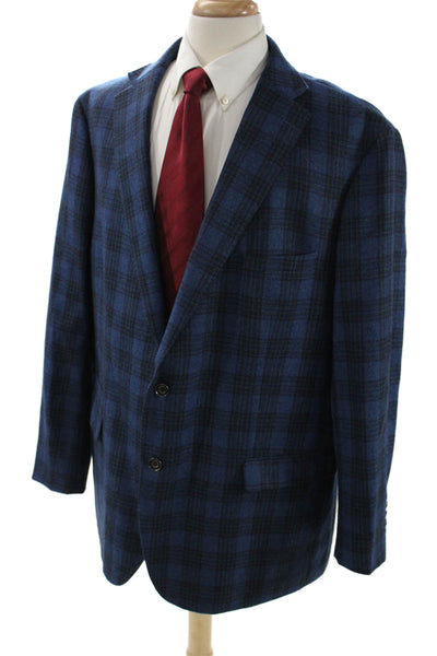 Tallia Mens Sport Coat Blue Plaid Wool-Blend Button Long-Sleeve Size 52