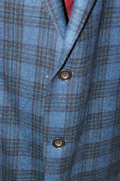 Tallia Mens Sport Coat Blue Plaid Wool-Blend Button Long-Sleeve Size 52