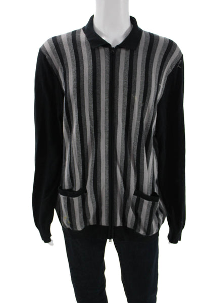 Paul Fredrick Men Cardigan Full Zip Striped Black Cotton Collared Size 2XL