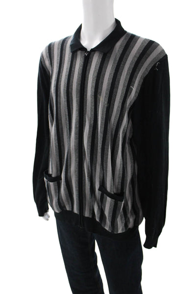Paul Fredrick Men Cardigan Full Zip Striped Black Cotton Collared Size 2XL
