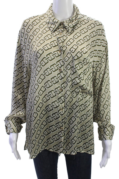 Zara Women Beige Collared Geometric Long Sleeve Button Up Blouse Size XL