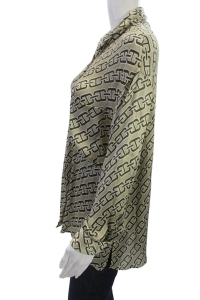 Zara Women Beige Collared Geometric Long Sleeve Button Up Blouse Size XL