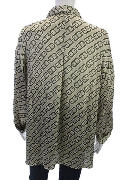Zara Women Beige Collared Geometric Long Sleeve Button Up Blouse Size XL