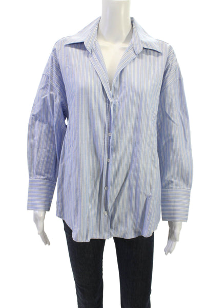 Zara Women Striped Cotton Collared Button-Up Long Sleeve Blue Size M
