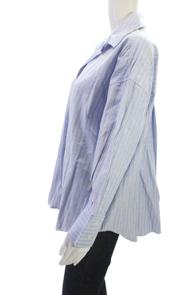 Zara Women Striped Cotton Collared Button-Up Long Sleeve Blue Size M