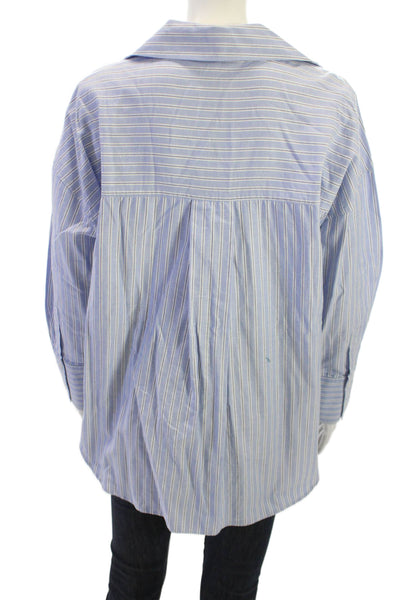 Zara Women Striped Cotton Collared Button-Up Long Sleeve Blue Size M
