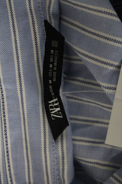 Zara Women Striped Cotton Collared Button-Up Long Sleeve Blue Size M