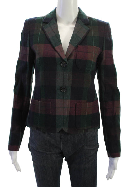 Theory Womens Green Plaid Wool Blazer Collared Button Long Sleeve Size 2
