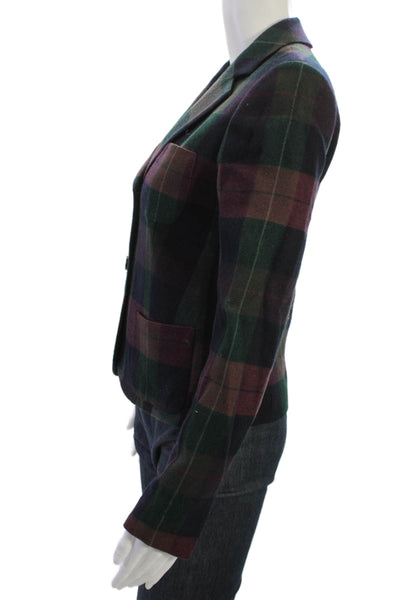 Theory Womens Green Plaid Wool Blazer Collared Button Long Sleeve Size 2